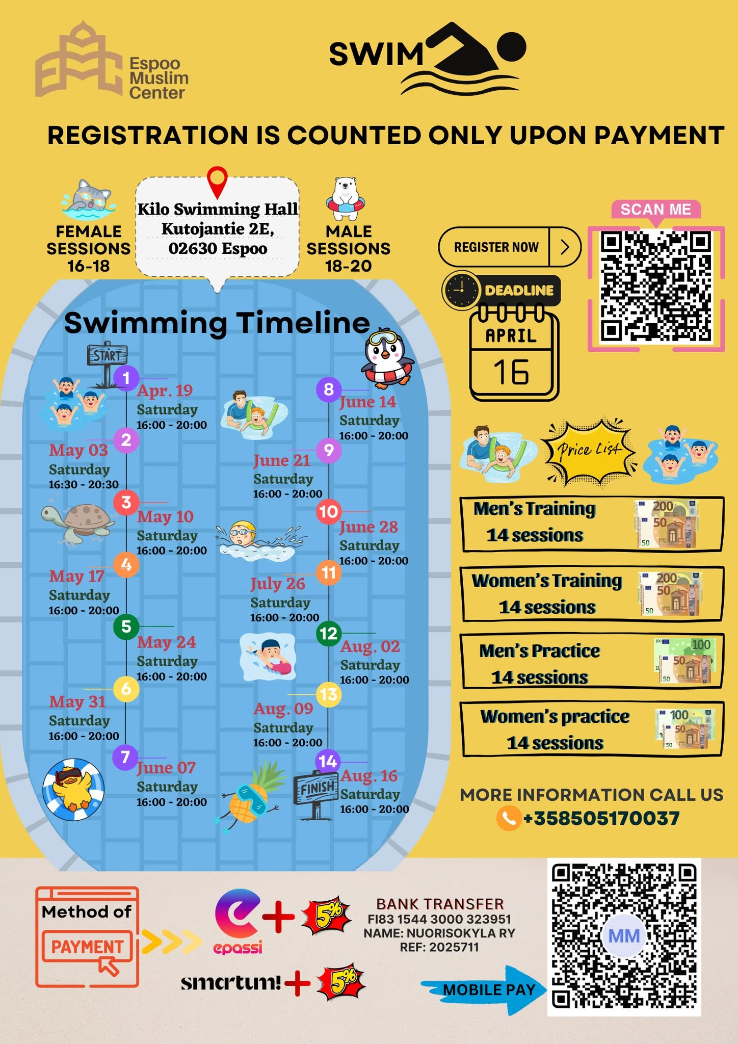 Flyer showing the EMC swimming sessions schedule