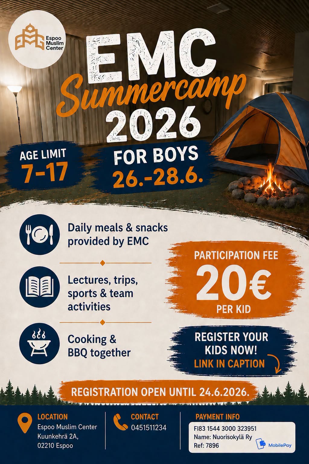 Flyer for EMC's Summer Camp 2026 for boys